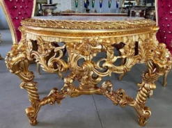 Casa Padrino Barock Esstisch Gold / Grau-Braun - Runder Massivholz Esszimmertisch mit Marmorplatte - Esszimmer Möbel im Barockstil - Barock Möbel - Edel & Prunkvoll