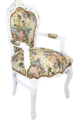 Casa Padrino Barock Esszimmer Stuhl mit Armlehnen Blumenmuster / Antik Weiß