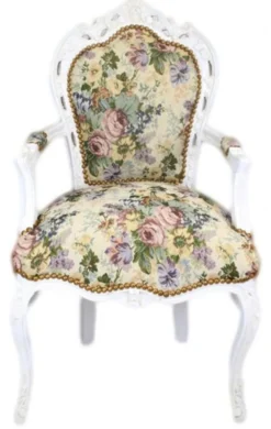 Casa Padrino Barock Esszimmer Stuhl mit Armlehnen Blumenmuster / Antik Weiß