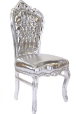 Casa Padrino Barock Esszimmer Stuhl Silber Lederoptik / Silber - Antik Stil Möbel