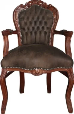 Casa Padrino Barock Esszimmer Set Braun / Braun Lederoptik 53 x 57 x H. 108 cm - 4 handgefertigte Esszimmerstühle mit Armlehnen - Barockmöbel