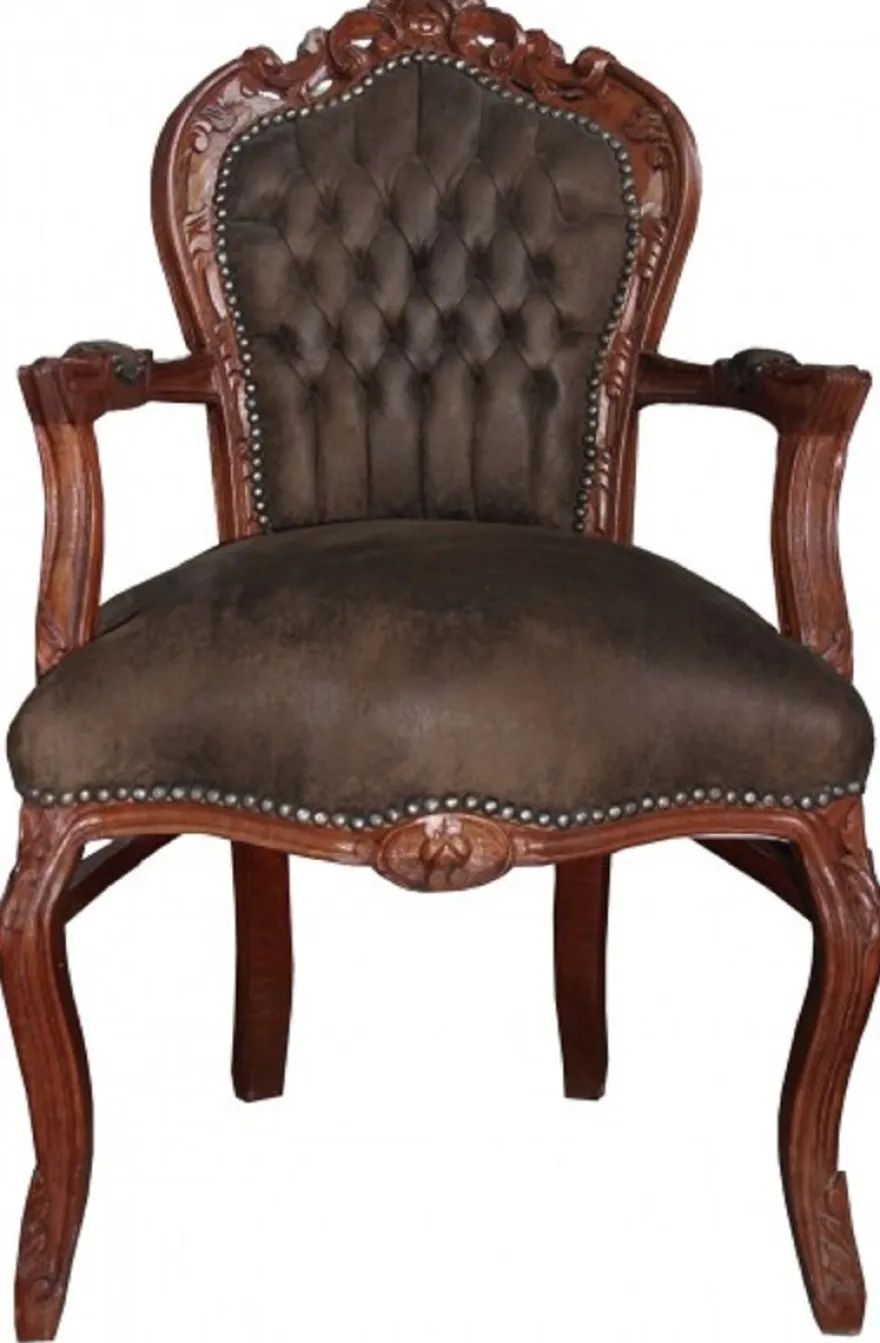 Casa Padrino Barock Esszimmer Set Braun / Braun Lederoptik 53 x 57 x H. 108 cm - 4 handgefertigte Esszimmerstühle mit Armlehnen - Barockmöbel