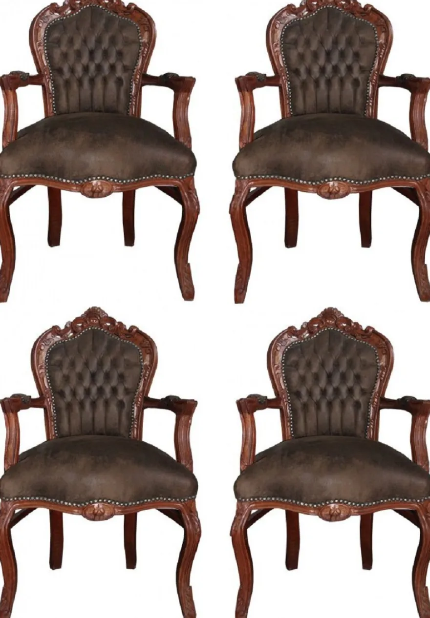 Casa Padrino Barock Esszimmer Set Braun / Braun Lederoptik 53 x 57 x H. 108 cm - 4 handgefertigte Esszimmerstühle mit Armlehnen - Barockmöbel