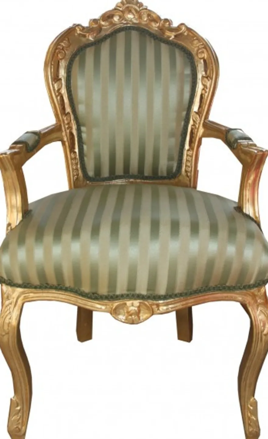 Casa Padrino Barock Esszimmer Stuhl Grün / Creme Streifen / Gold mit Armlehnen - Antik Möbel