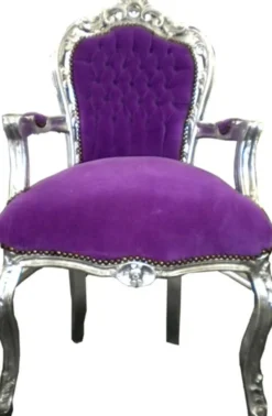 Casa Padrino Barock Esszimmer Stuhl Lila / Silber mit Armlehnen - Möbel Barock