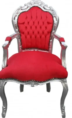 Casa Padrino Barock Esszimmerstuhl Rot / Silber mit Armlehnen