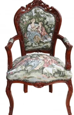 Casa Padrino Barock Esszimmer Stuhl mit Armlehne Gobelin "Love Story " - Antik Stil