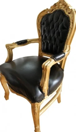 Casa Padrino Barock Esszimmerstuhl Schwarz / Gold Lederoptik mit Armlehnen B!