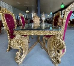 Casa Padrino Barock Esszimmer Set Bordeauxrot / Gold / Schwarz - 1 Barock Esstisch & 6 Barock Esszimmerstühle - Barock Esszimmer Möbel - Edel & Prunkvoll