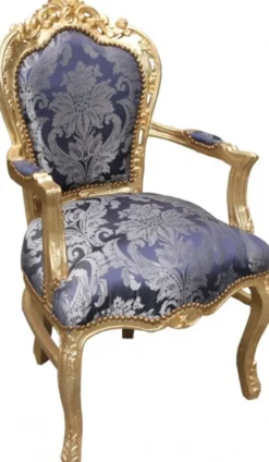 Casa Padrino Barock Esszimmer Stuhl Blau Muster / Gold mit Armlehnen - Limited Edition