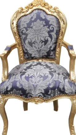 Casa Padrino Barock Esszimmer Stuhl Blau Muster / Gold mit Armlehnen - Limited Edition