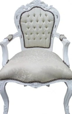 Casa Padrino Barock Esszimmer Stuhl mit Armlehnen Weiss Muster / Weiß - Antik Möbel - Limited Edition