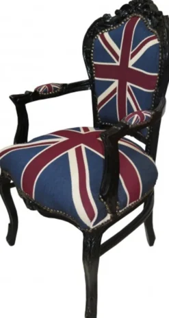 Casa Padrino Barock Esszimmer Stuhl mit Armlehnen Union Jack / Schwarz - Antik Stil Möbel