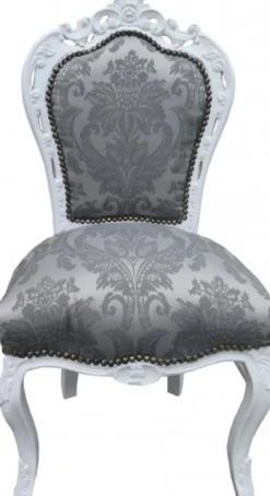 Casa Padrino Barock Esszimmer Stuhl Grau Muster /Weiss ohne Armlehnen - Antik Möbel - Limited Edition
