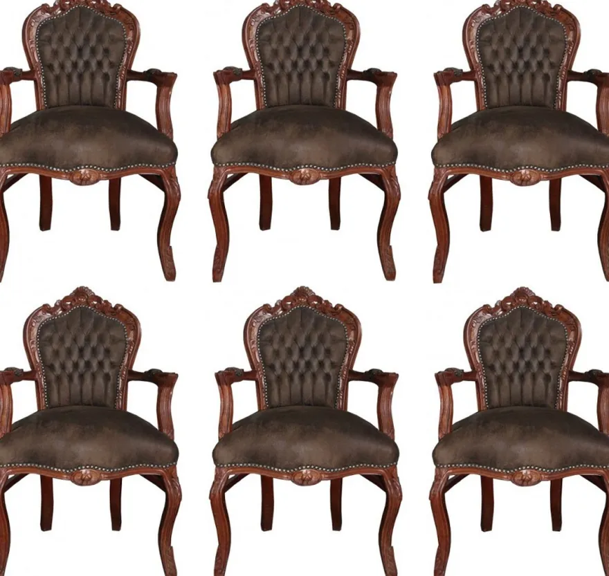 Casa Padrino Barock Esszimmer Set Braun / Braun Lederoptik 53 x 57 x H. 108 cm - 6 handgefertigte Esszimmerstühle mit Armlehnen - Barockmöbel