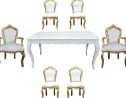 Casa Padrino Barock Esszimmer Set Weiß/Gold - Esstisch + 6 Stühle