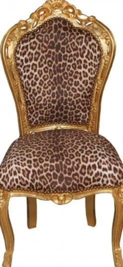 Casa Padrino Barock Esszimmer Set Leopard/Gold - Esstisch + 6 Stühle ohne Armlehnen