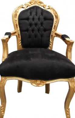 Casa Padrino Barock Esszimmerstuhl Schwarz / Gold mit Armlehnen Mod2 Antik Stil