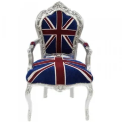 Casa Padrino Barock Esszimmer Stuhl mit Armlehnen Union Jack / Silber - Möbel Antik Stil