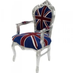 Casa Padrino Barock Esszimmer Stuhl mit Armlehnen Union Jack / Silber - Möbel Antik Stil