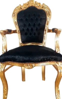 Casa Padrino Barock Esszimmerstuhl mit Armlehnen Schwarz Muster / Gold 53 x 57 x H. 108 cm - Handgefertigter Antik Stil Stuhl mit edlem Satinstoff - Barock Esszimmer Möbel