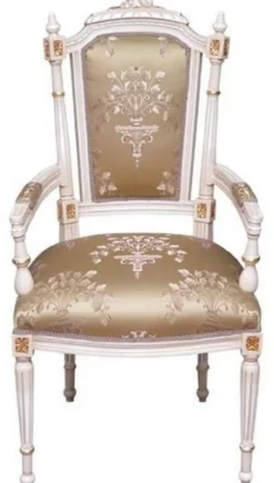 Casa Padrino Barock Esszimmerstuhl Gold / Cremefarben / Gold - Handgefertigter Antik Stil Stuhl mit Armlehnen - Esszimmer Möbel im Barockstil