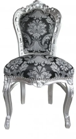 Casa Padrino Barock Esszimmer Stuhl ohne Armlehnen Schwarz Muster / Silber - Antik Stil Möbel