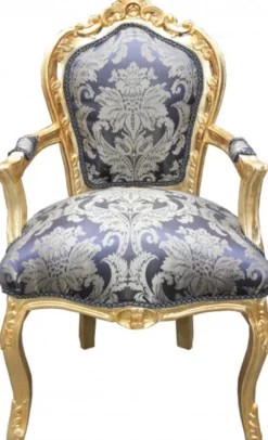 Casa Padrino Barock Esszimmer Stuhl Royalblau Muster / Gold mit Armlehnen - Möbel