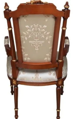 Casa Padrino Barock Esszimmerstuhl Cremefarben / Braun / Gold - Handgefertigter Antik Stil Stuhl mit Armlehnen - Esszimmer Möbel im Barockstil