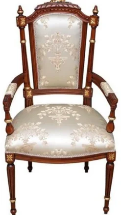 Casa Padrino Barock Esszimmerstuhl Cremefarben / Braun / Gold - Handgefertigter Antik Stil Stuhl mit Armlehnen - Esszimmer Möbel im Barockstil