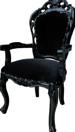 Casa Padrino Barock Esszimmerstuhl Schwarz - Handgefertigter Antik Stil Stuhl mit Armlehnen und edlem Samtstoff - Esszimmer Möbel im Barockstil