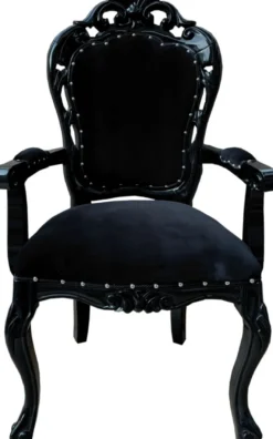 Casa Padrino Barock Esszimmerstuhl Schwarz - Handgefertigter Antik Stil Stuhl mit Armlehnen und edlem Samtstoff - Esszimmer Möbel im Barockstil