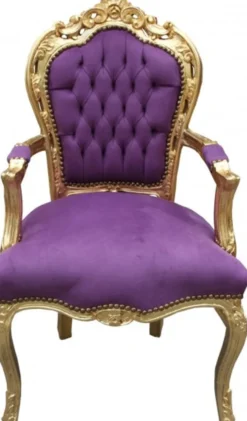 Casa Padrino Barock Esszimmer Stuhl mit Armlehnen Lila / Gold