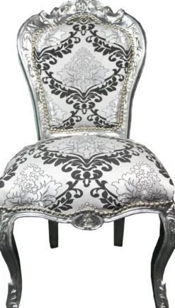 Casa Padrino Barock Esszimmer Stuhl Silber Schwarz Muster / Silber ohne Armlehnen - Antik Möbel