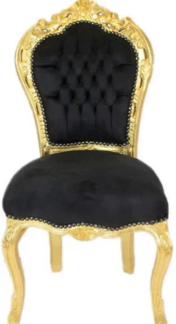 Casa Padrino Barock Esszimmer Stuhl Schwarz / Gold - Handgefertigter Antik Stil Stuhl mit edlem Samtstoff - Esszimmer Möbel im Barockstil - Barock Möbel