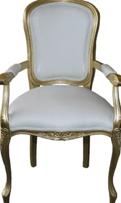 Casa Padrino Barock Esszimmer Stuhl mit Armlehnen Weiss / Gold - Designer Stuhl - Luxus Qualität