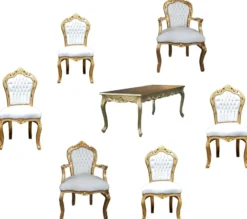 Casa Padrino Barock Esszimmer Set Gold/Weiss - Esstisch + 6 Stühle