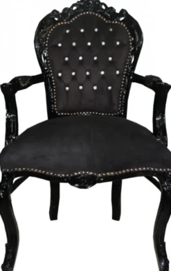 Casa Padrino Barock Esszimmer Stuhl Schwarz / Schwarz mit Armlehnen und Bling Bling Glitzersteinen - Limited Edition