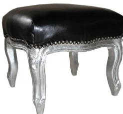 Casa Padrino Barock Fußhocker Schwarz Lederoptik / Silber
