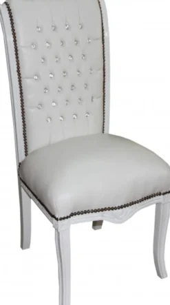 Casa Padrino Barock Hochlehner Esszimmer Weiss/Weiss mit Glitzersteinen - Hochlehnstuhl Möbel - Barock Möbel