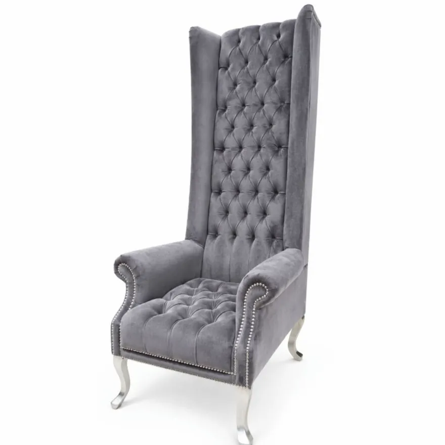 Casa Padrino Barock Hochlehn Sessel Grau / Silber H. 185 cm - Barocksil Samt Sessel - Prunkvolle Barock Möbel