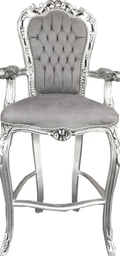 Casa Padrino Barock Hochstuhl Barstuhl Grau / Silber - Bar Hocker Stuhl Möbel