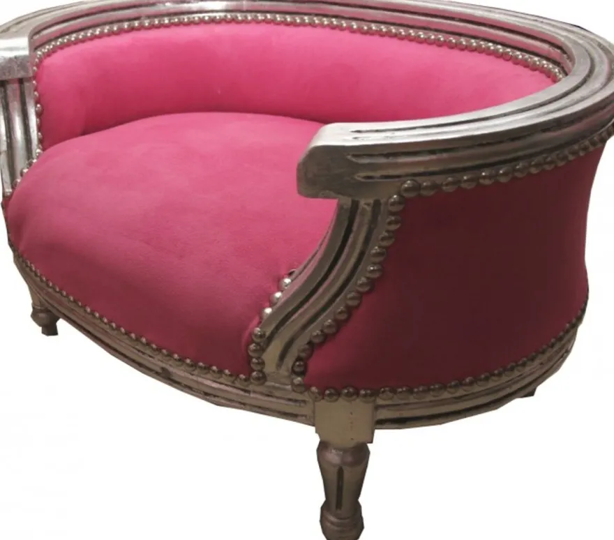 Casa Padrino Barock Hunde & Katzen Sofa im Antik Stil Rosa / Silber 71,5 x 53 x 41 cm