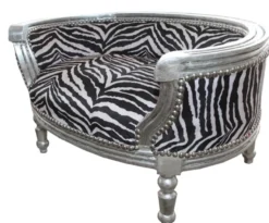 Casa Padrino Barock Hunde & Katzen Sofa im Zebra Design mit silbernem Rahmen, 71,5 x 53 x 41 cm