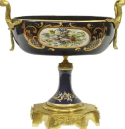 Casa Padrino Barock Keramik Vasen Set mit Schale Dunkelblau / Mehrfarbig / Gold - Deko Accessoires im Barockstil - Edel & Prunkvoll