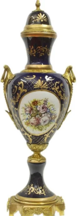 Casa Padrino Barock Keramik Vasen Set mit Schale Dunkelblau / Mehrfarbig / Gold - Deko Accessoires im Barockstil - Edel & Prunkvoll