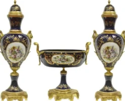 Casa Padrino Barock Keramik Vasen Set mit Schale Dunkelblau / Mehrfarbig / Gold - Deko Accessoires im Barockstil - Edel & Prunkvoll