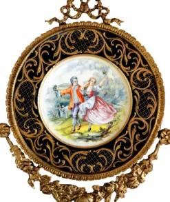 Casa Padrino Barock Keramik Wandbild mit verziertem Rahmen 38 x 32 cm Liebespaar - Barock Wanddeko Wandteller Antik Stil