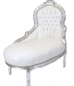 Casa Padrino Barock Kinder Chaiselongue Weiß Lederoptik Silber, Höhe 93 cm, Breite 101 cm, Tiefe 51 cm - Barock Möbel