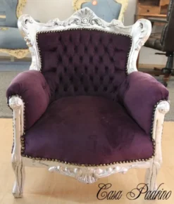 Casa Padrino Barock Kinder Sessel in Lila und Silber, handgefertigter Thron aus Massivholz, 84 x 58 x 36 cm